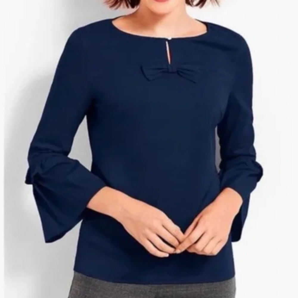 NWT Talbots Bell-Sleeve Blouse Bow/Pearl Women’s Small Navy Business Work-Wear